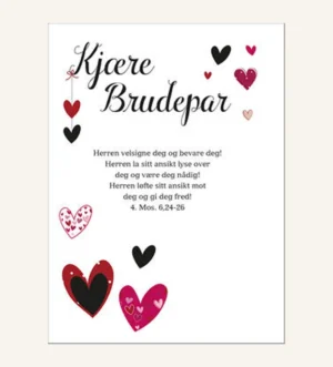 bryllupskort, kristent bryllupskort, røde hjerter, kjære brudepar